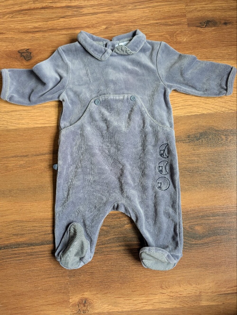 Baby Blue Footed Velour One-Piece Romper with Collar 3m